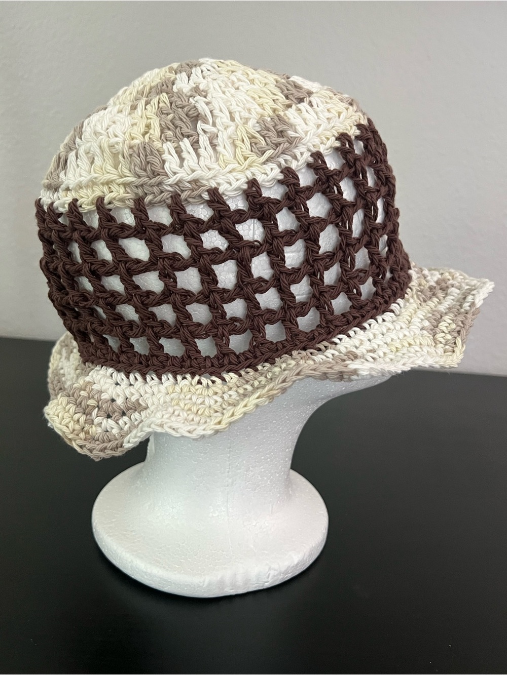 Handmade Crochet Bucket Hat in Brown and Cream - Picture 2 of 6